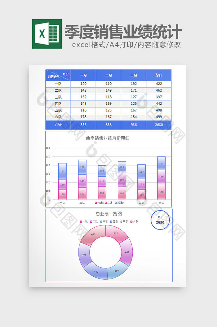 蓝色季度销售业绩明细excel模板