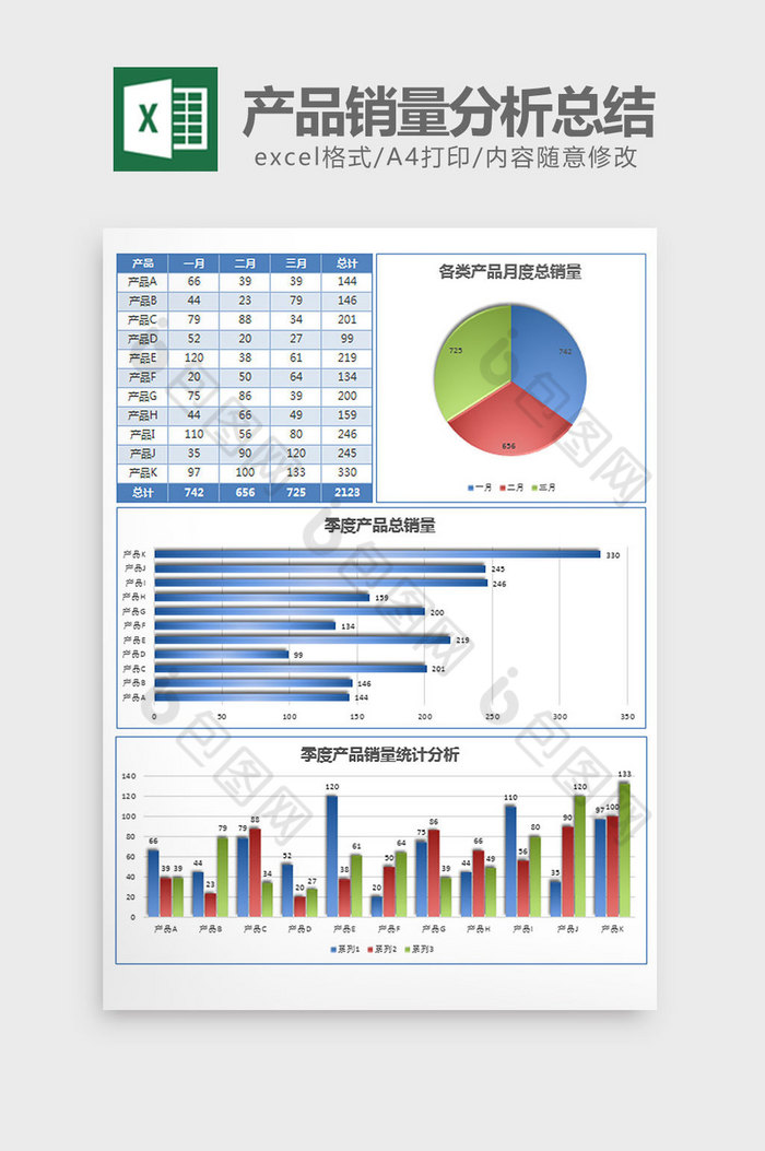 蓝色季度产品销量分析总计excel模板图片图片