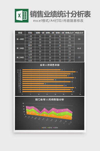 黑色立体销售业绩统计分析表excel模板图片