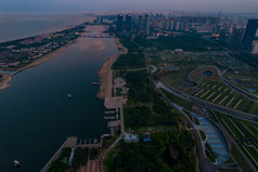 山东日照城市晚霞夕阳航拍摄影图