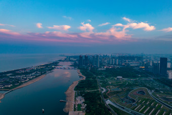 山东日照城市晚霞夕阳航拍摄影图