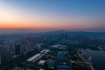 山东日照城市晚霞夕阳航拍摄影图