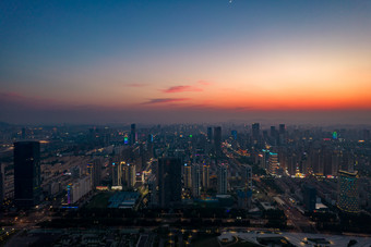 山东日照城市夜幕降临夜景灯光晚霞航拍摄影图