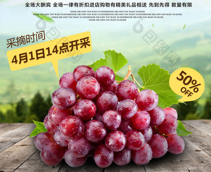 采摘季美食葡萄采摘优惠活动海报