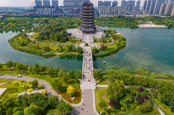 山东淄博齐盛湖公园海岱楼航拍摄影图-包图企业站