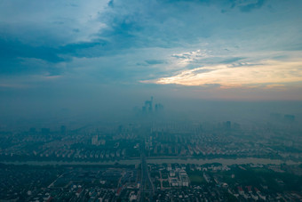 <strong>苏州城市</strong>清晨迷雾平流层日出航拍摄影图