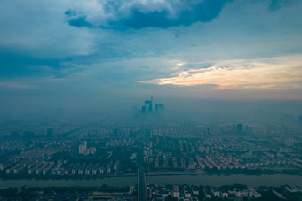 苏州城市清晨迷雾平流层日出航拍摄影图