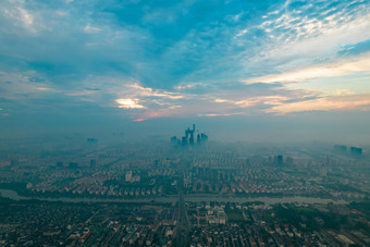 苏州城市清晨平流层日出航拍摄影图
