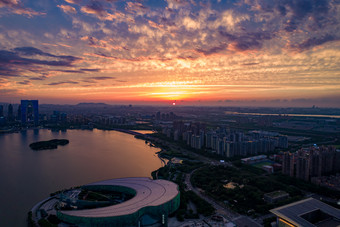 苏州金鸡湖日落晚霞夕阳航拍摄影图