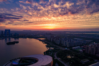 苏州<strong>金鸡</strong>湖日落晚霞夕阳航拍摄影图