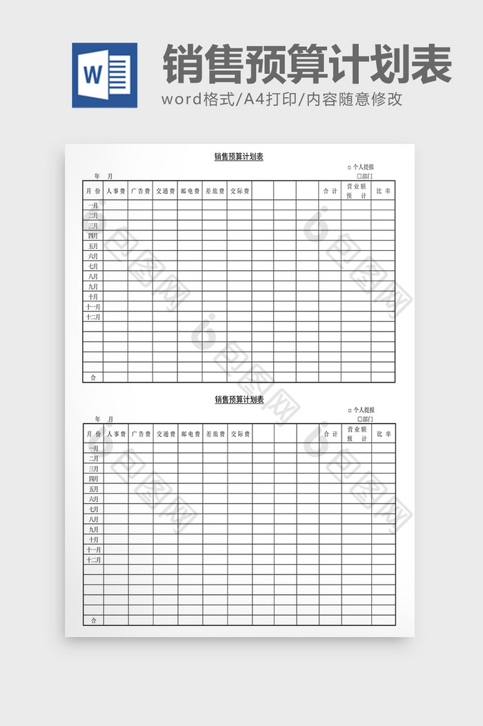 营销策划销售预算计划表Word文档