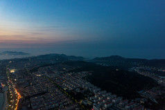 烟台长岛夜幕降临夜景晚霞航拍摄影图