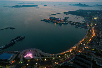 烟台长岛夜幕降临夜景晚霞航拍摄影图