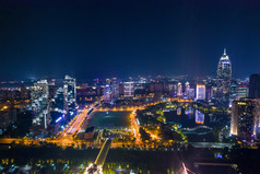 浙江绍兴城市夜景世贸大厦灯光秀航拍摄影图