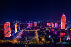 浙江绍兴城市夜景世贸大厦灯光秀航拍摄影图