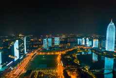 浙江绍兴城市夜景世贸大厦灯光秀航拍摄影图