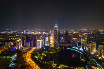 浙江绍兴世贸大厦夜景灯光秀航拍摄影图