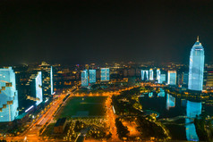浙江绍兴城市夜景世贸大厦灯光秀航拍摄影图