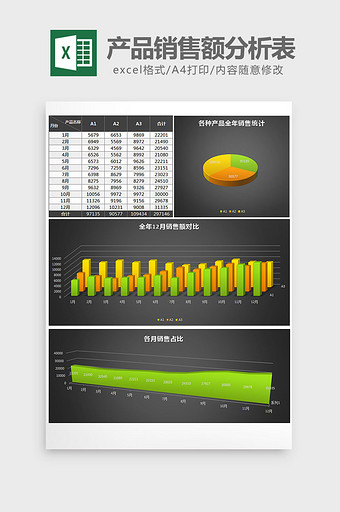 黑色立体产品销售额分析表excel模板图片