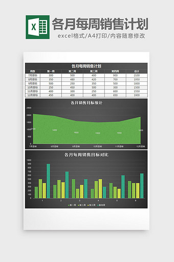 黑色各月每周销售计划表excel模板