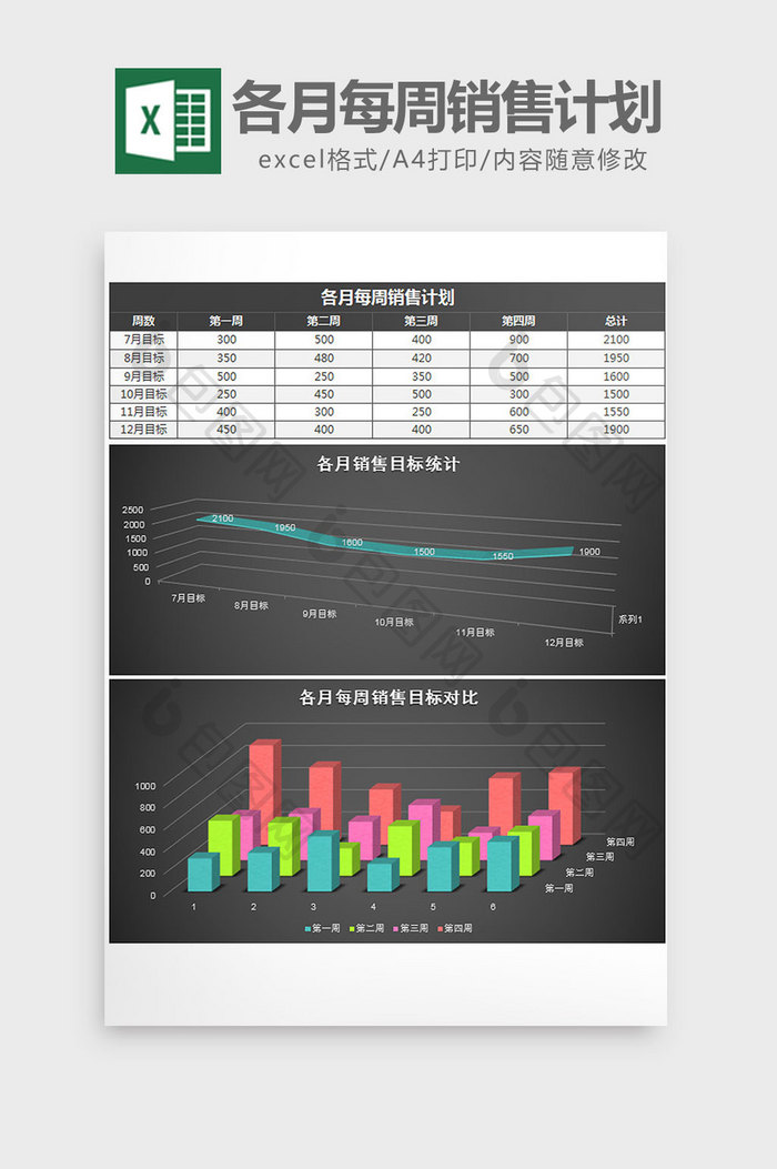 黑色立体各月每周销售计划表excel模板