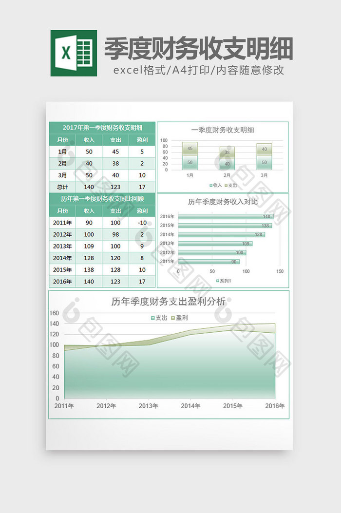 绿色雾面季度财务收支明细表excel模板