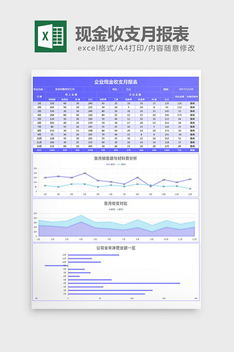 蓝色建业U现金收支月报表excel模板图片