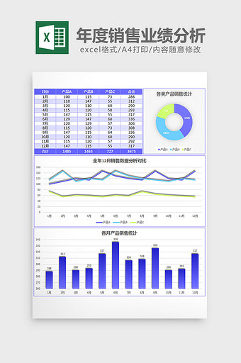 蓝色年度销售业绩分析excel模板