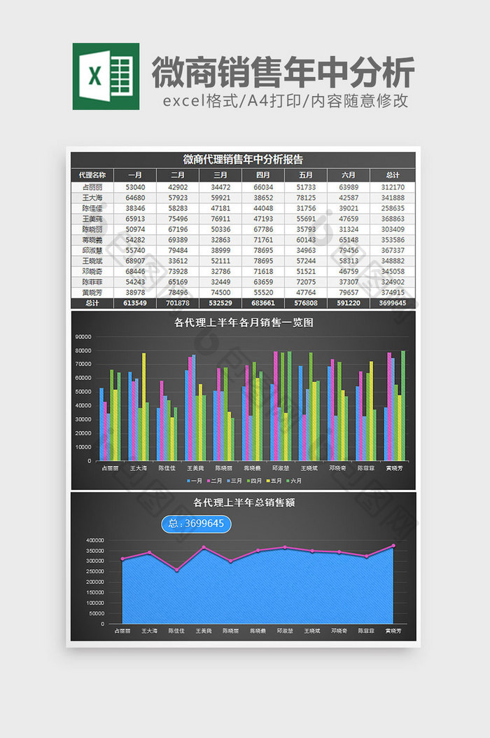 黑色微商代理销售年中分析excel模板