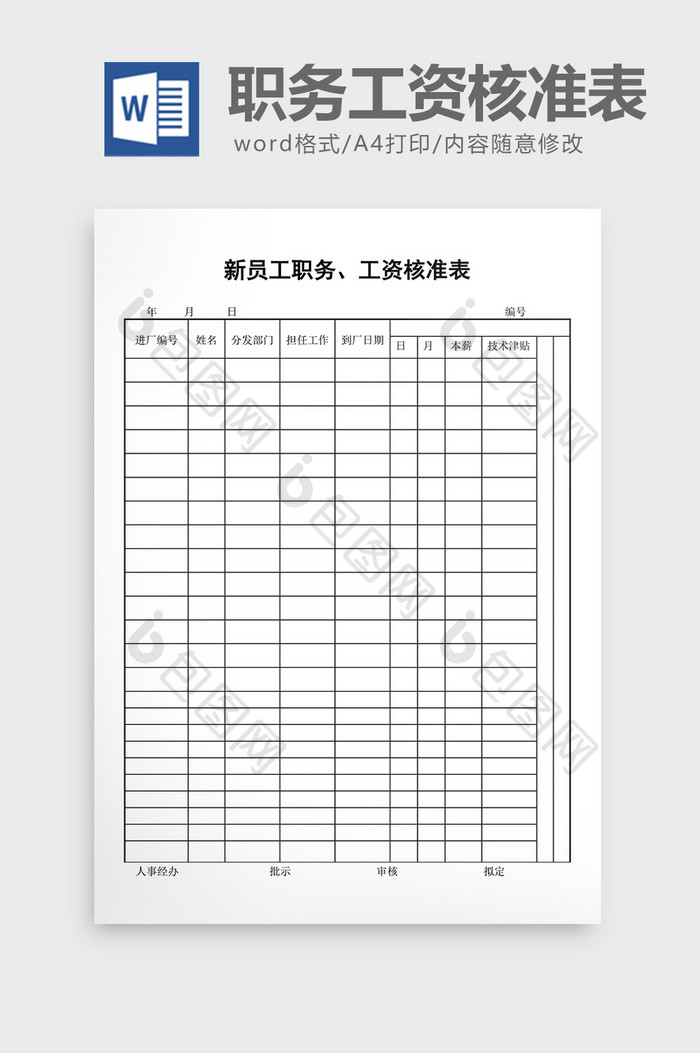 工资制度新员工职务工资核准表word文档