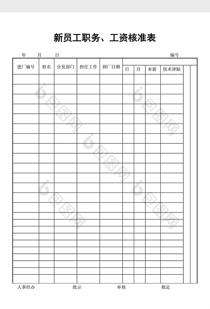 工资制度新员工职务工资核准表word文档