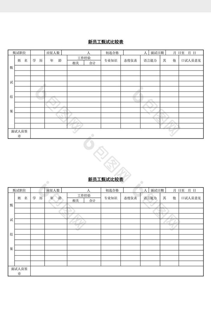 人事管理新员工甄试比较表word文档