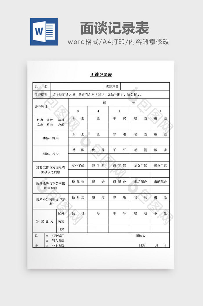 人事管理实用面谈记录表word文档