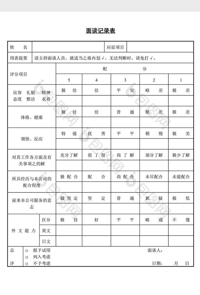 人事管理实用面谈记录表word文档