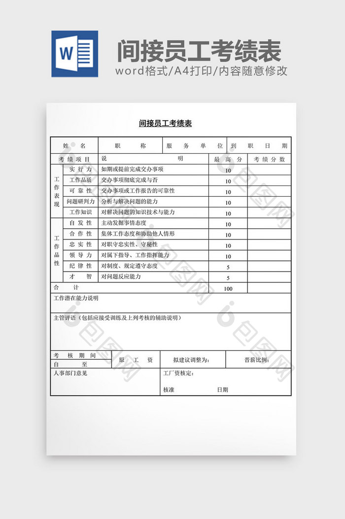 人事管理间接员工考绩表word文档