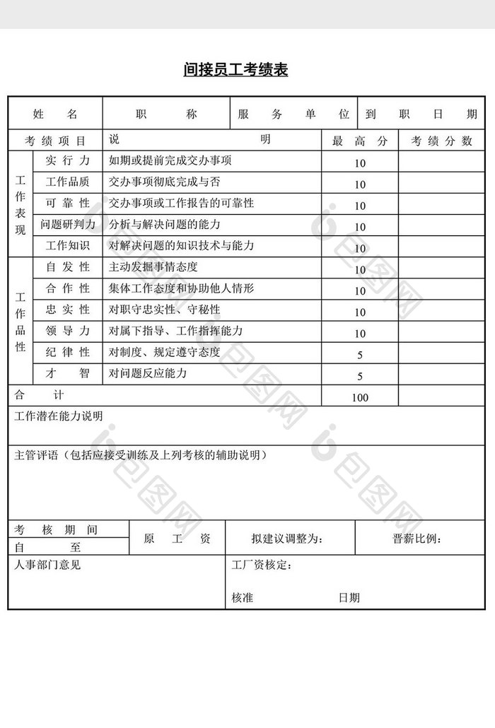 人事管理间接员工考绩表word文档