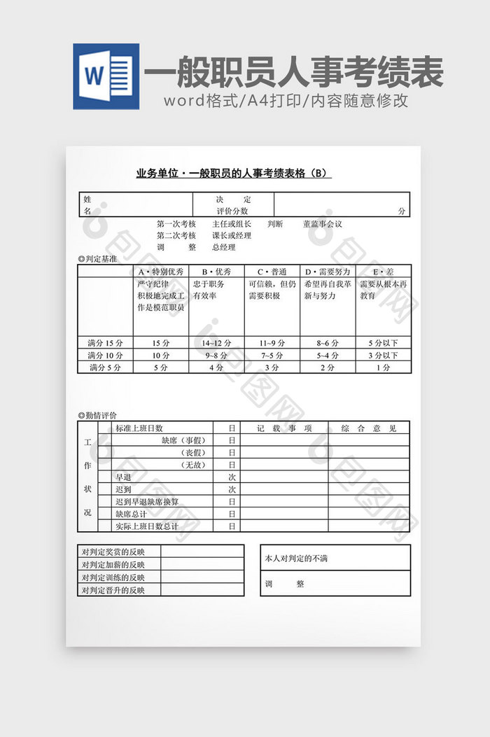 人事管理一般职员人事考绩表格word文档