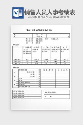 人事管理销售人员人事考绩表格word文档图片