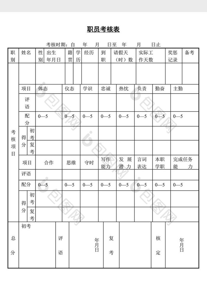 人事管理职员考核表word文档