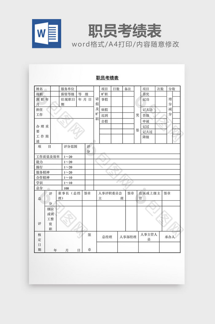 人事管理职员考绩表word文档