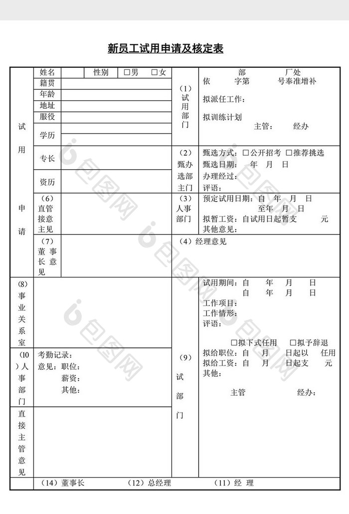 人事管理新员工试用申请及核定表word文