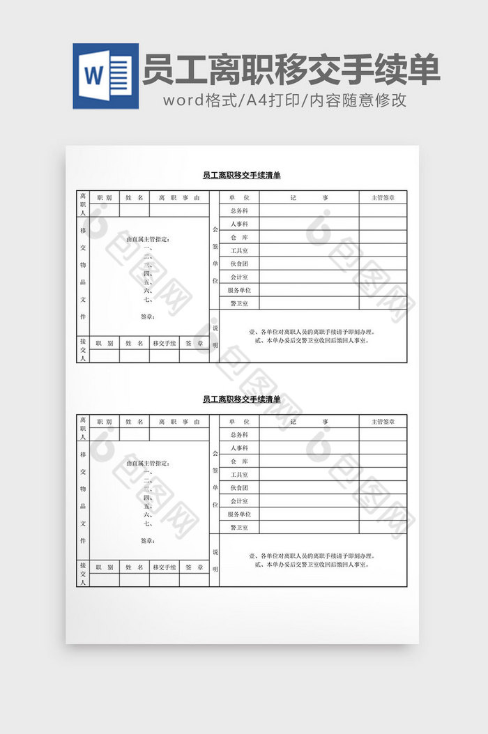 人事管理员工离职移交手续清单word文档图片图片