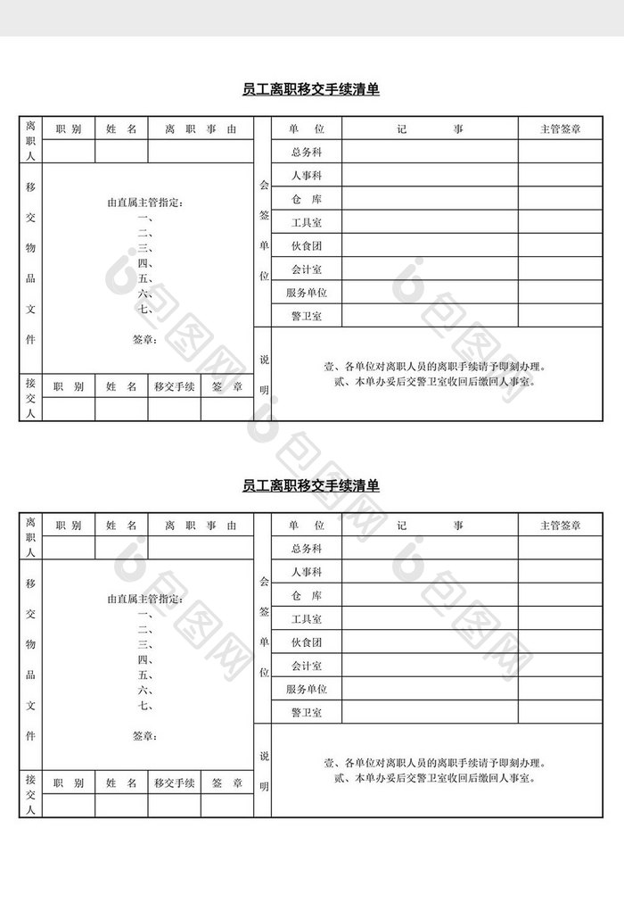 人事管理员工离职移交手续清单word文档