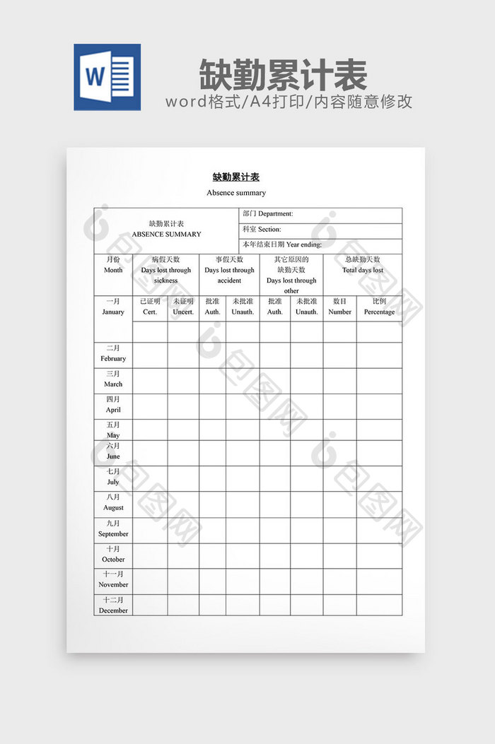 人事管理缺勤累计表word文档