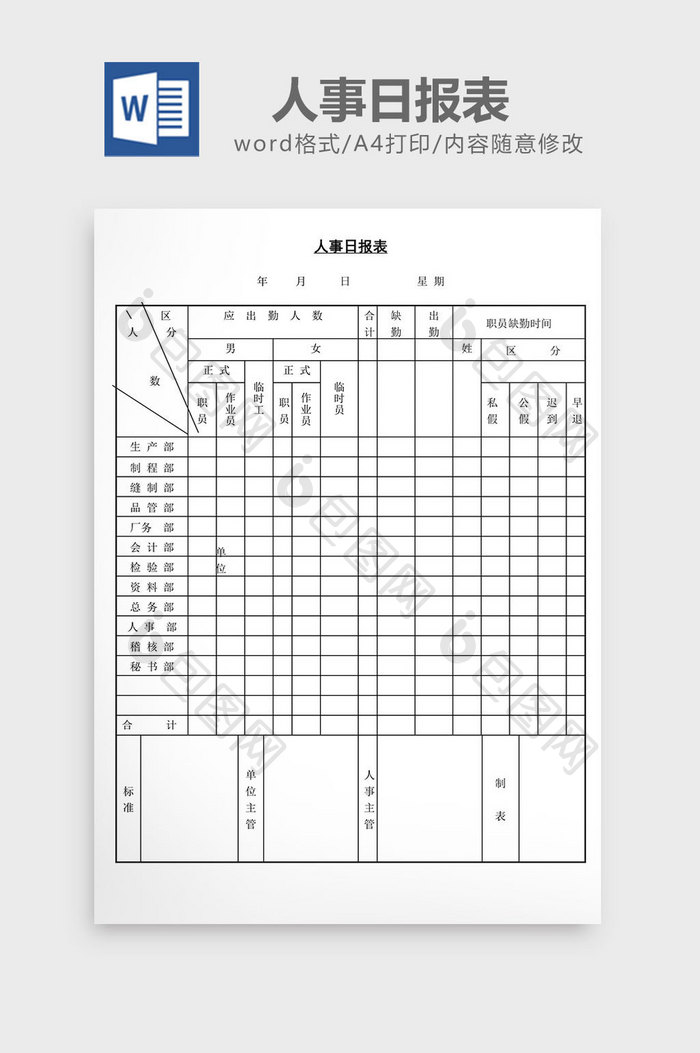 人事管理办公人事日报表word文档