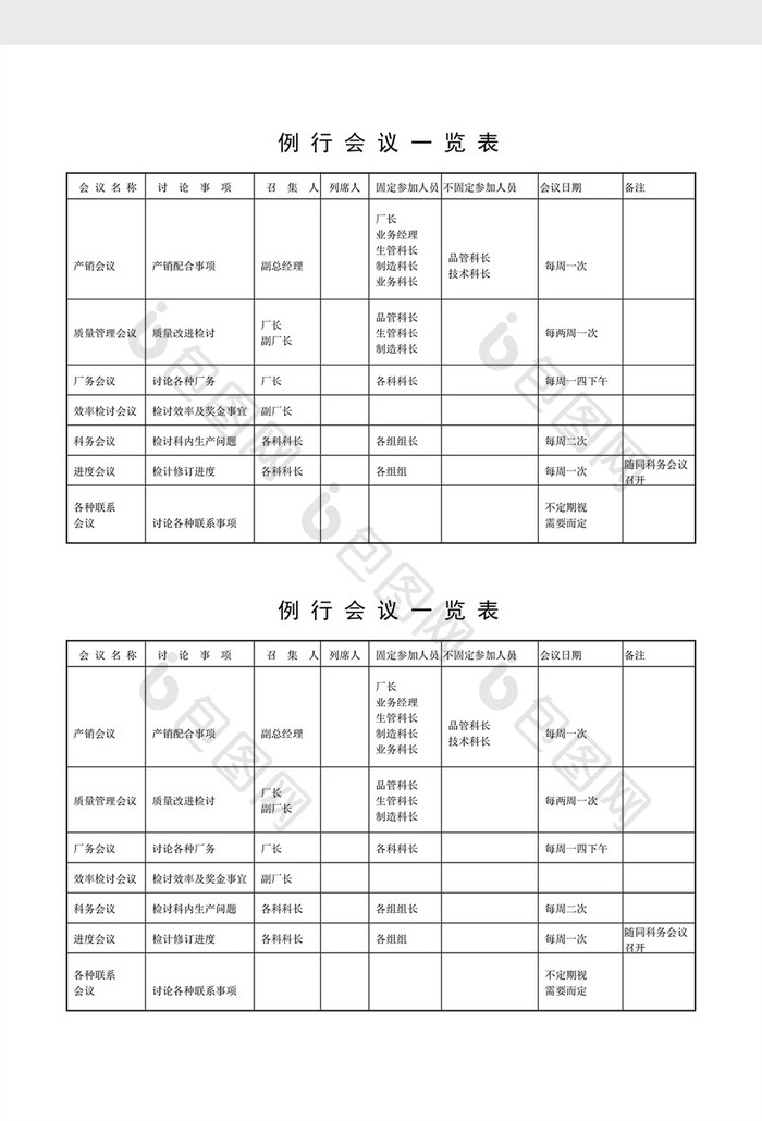 会议管理例行会议一览表word文档