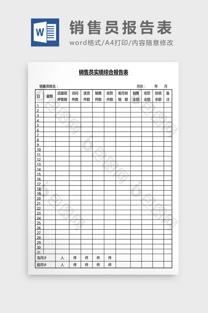 营销管理销售员报告表Word文档