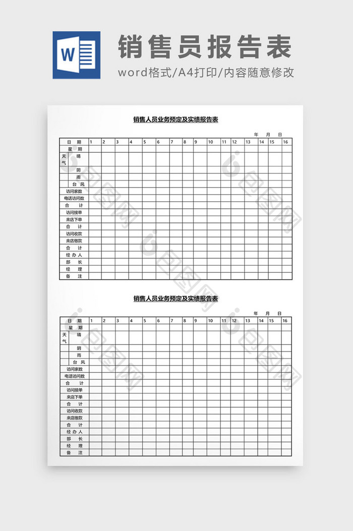 营销管理销售员报告表Word文档