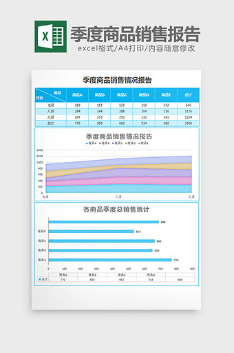 蓝色季度商品销售情况报 excel模板图片