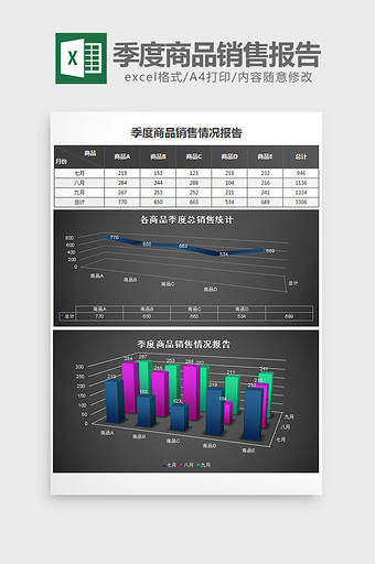 立体季度商品销售情况报告excel模板图片